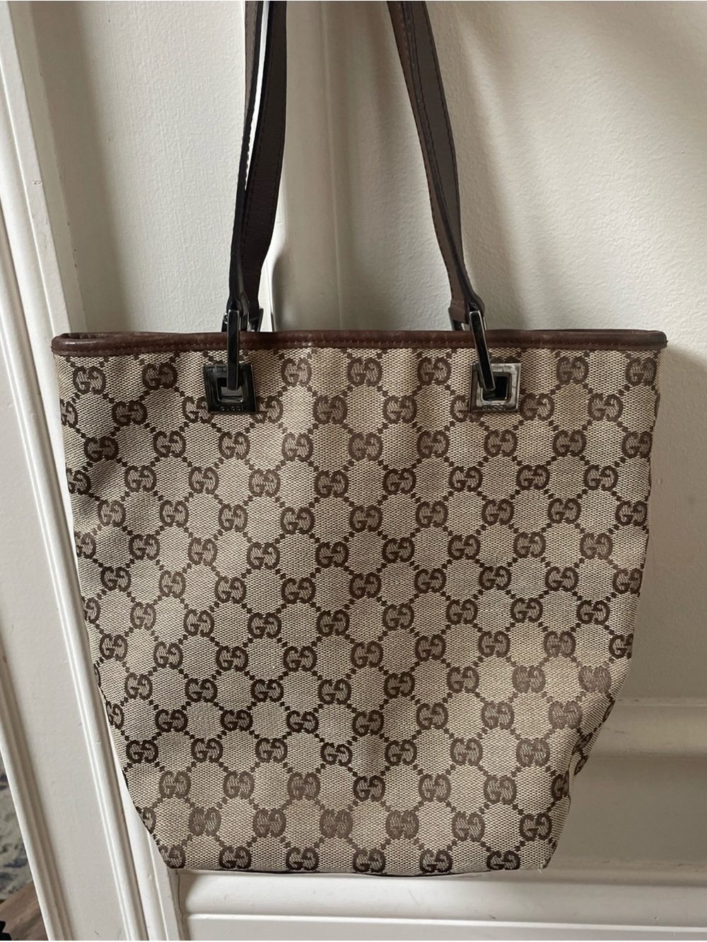GUCCI Small Tote Shoulder Bucket Bag Monogram Brown GG Canvas Bag